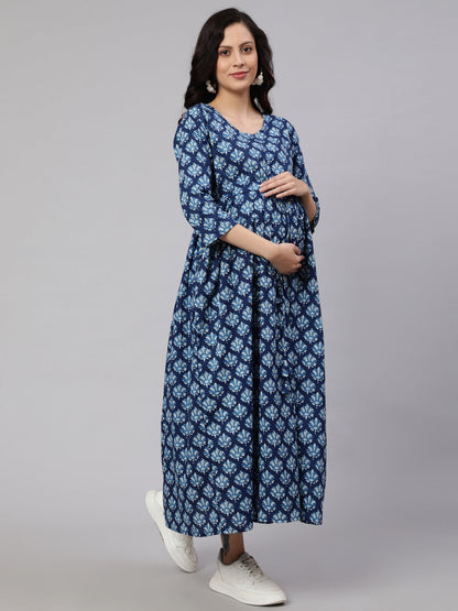 Women Blue Floral Printed Flared Maternity Dress | LASVINI - Redefining Indian Fashion with Elegance