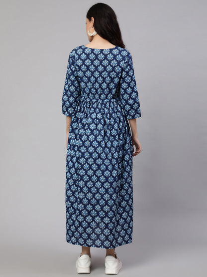 Women Blue Floral Printed Flared Maternity Dress | LASVINI - Redefining Indian Fashion with Elegance
