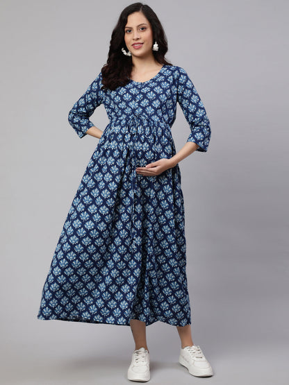 Women Blue Floral Printed Flared Maternity Dress | LASVINI - Redefining Indian Fashion with Elegance