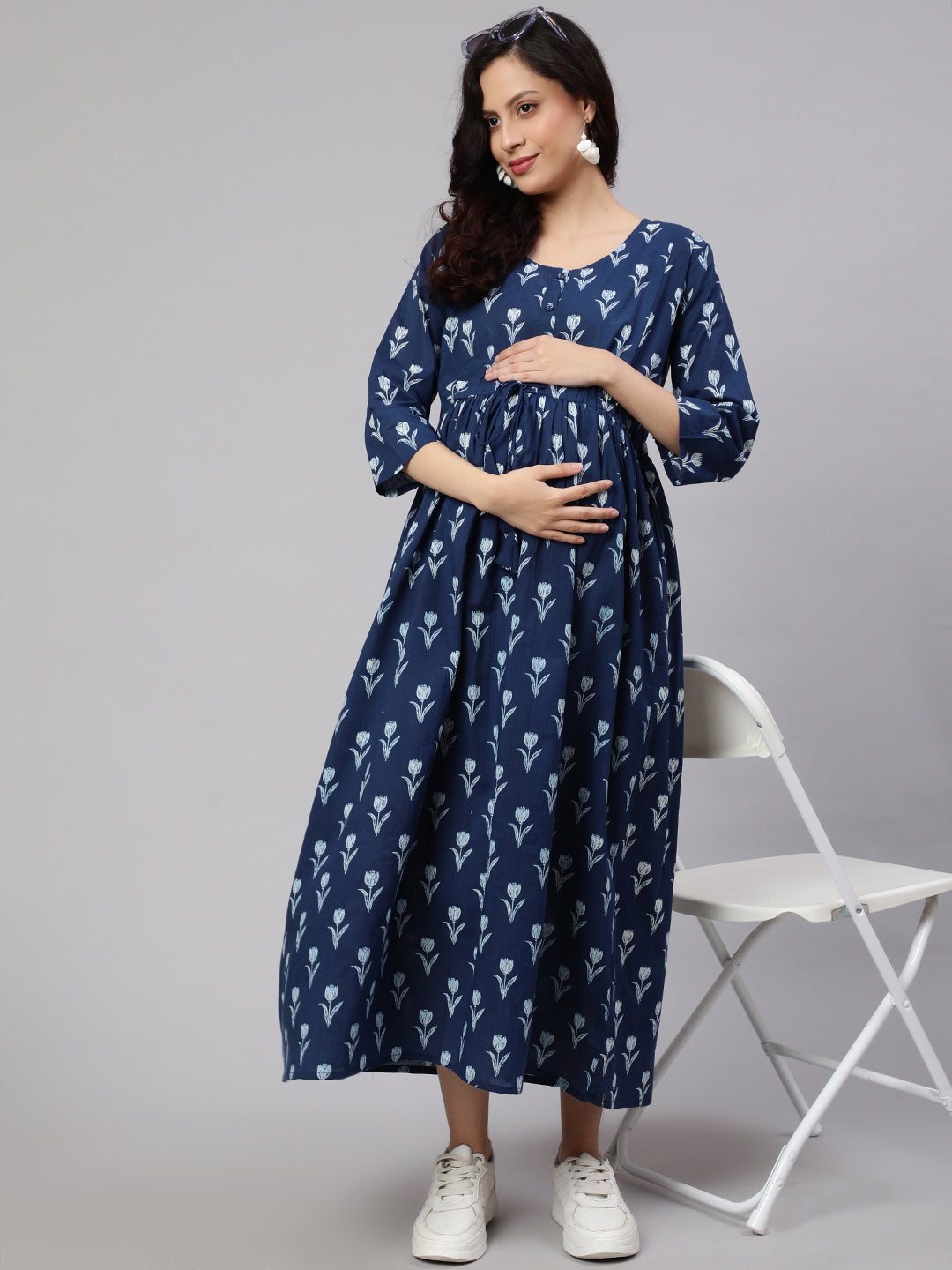 Women Blue Floral Printed Flared Maternity Dress | LASVINI - Redefining Indian Fashion with Elegance