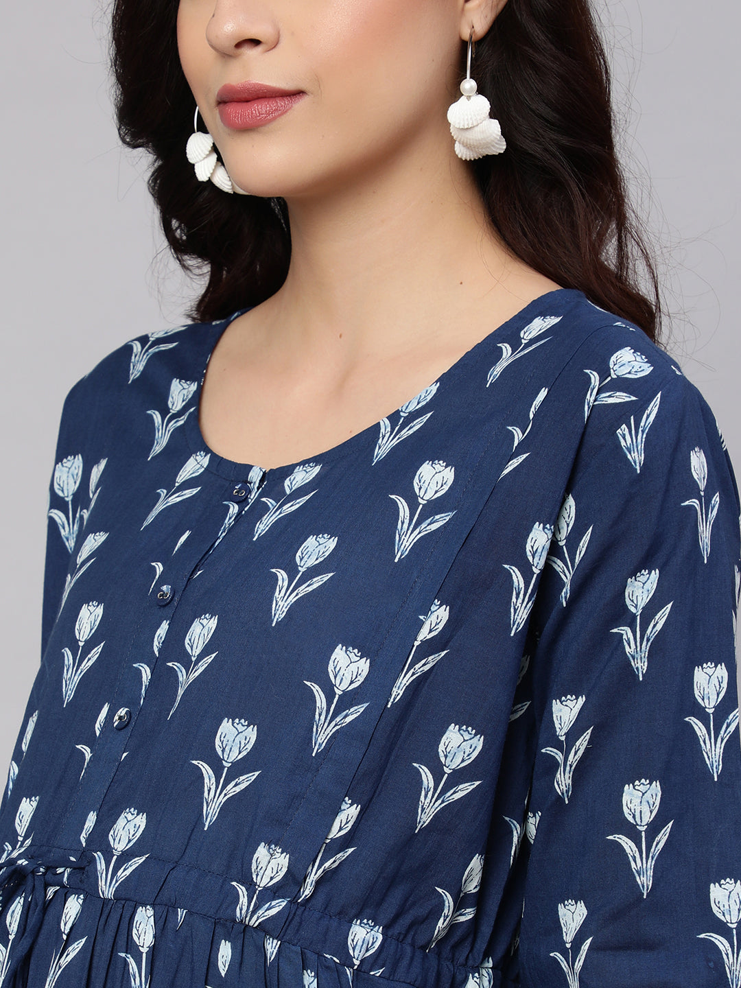 Women Blue Floral Printed Flared Maternity Dress | LASVINI - Redefining Indian Fashion with Elegance