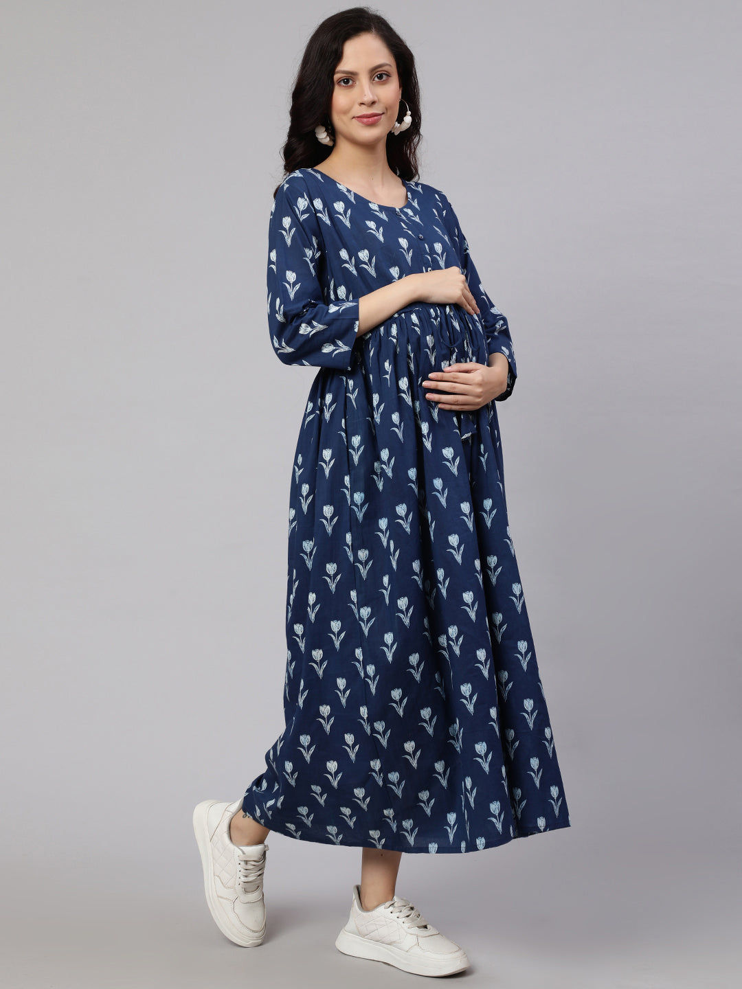 Women Blue Floral Printed Flared Maternity Dress | LASVINI - Redefining Indian Fashion with Elegance