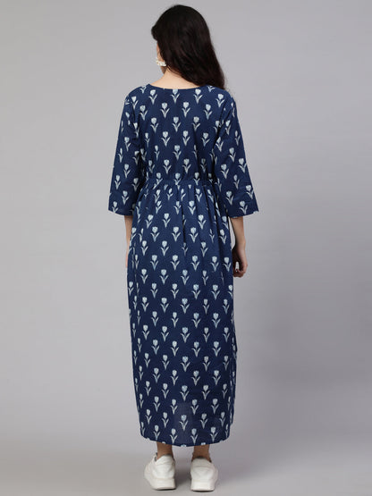 Women Blue Floral Printed Flared Maternity Dress | LASVINI - Redefining Indian Fashion with Elegance