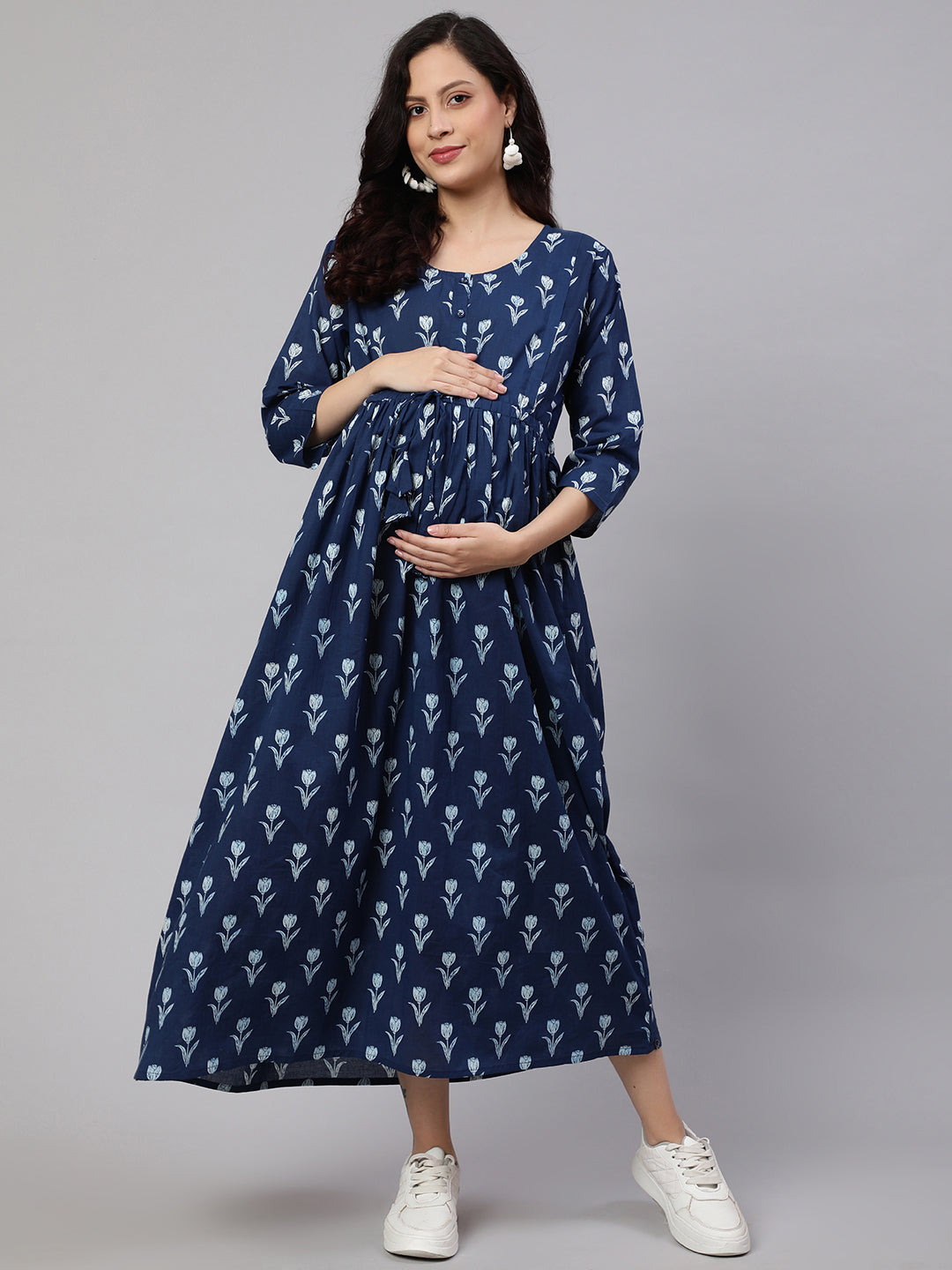 Women Blue Floral Printed Flared Maternity Dress | LASVINI - Redefining Indian Fashion with Elegance
