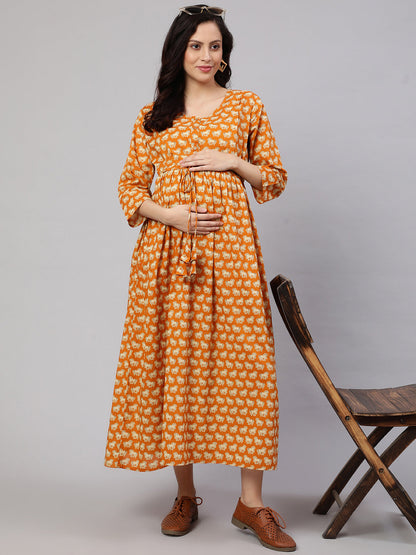 Women Yellow Ethnic Printed Flared Maternity Dress | LASVINI - Redefining Indian Fashion with Elegance