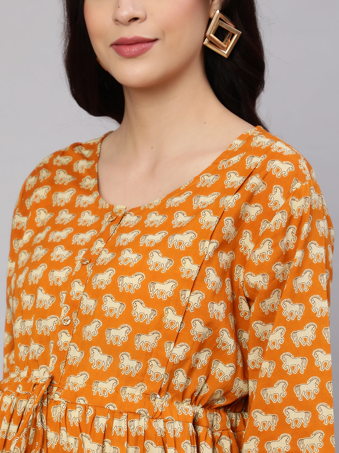 Women Yellow Ethnic Printed Flared Maternity Dress | LASVINI - Redefining Indian Fashion with Elegance