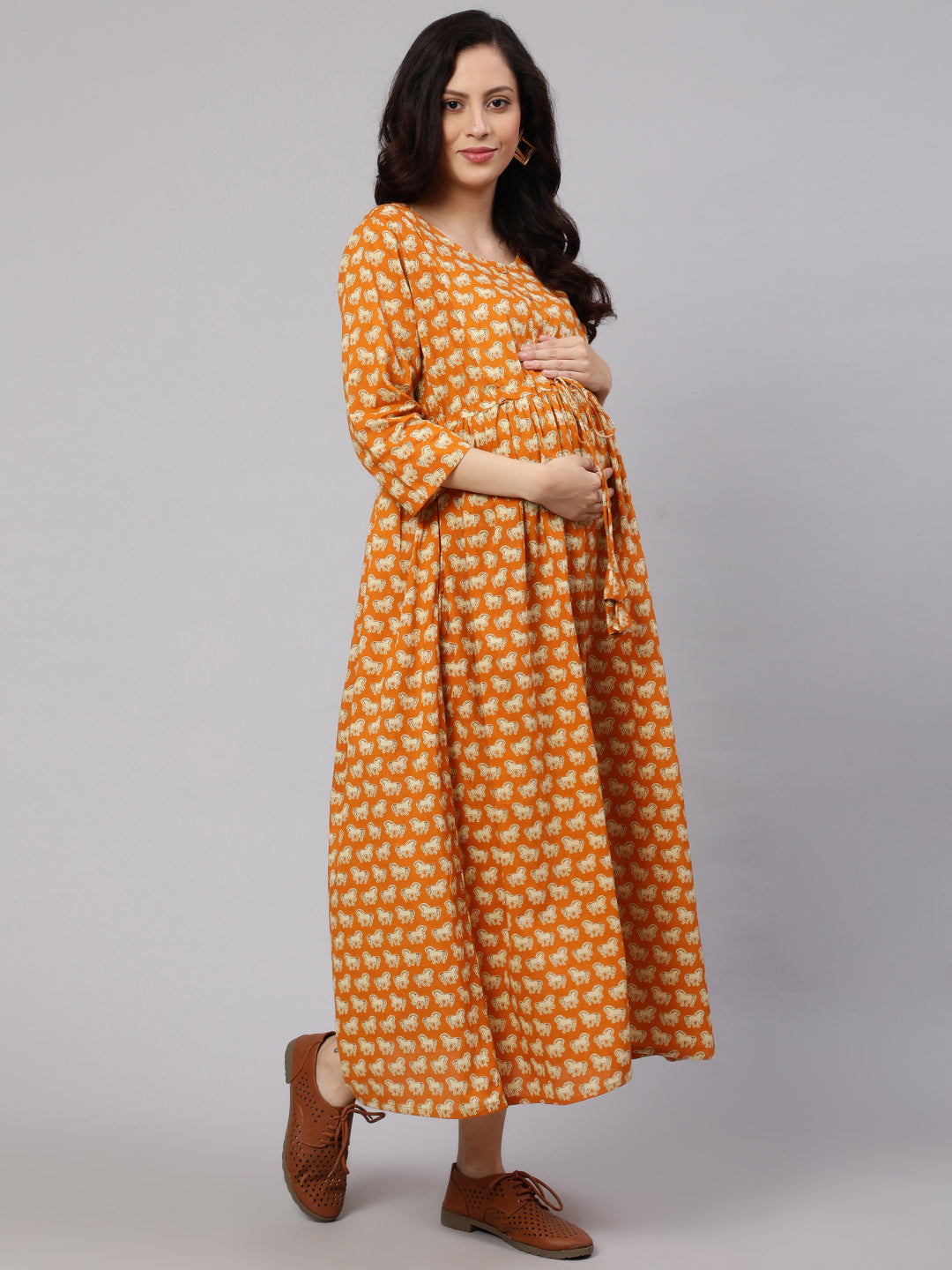 Women Yellow Ethnic Printed Flared Maternity Dress | LASVINI - Redefining Indian Fashion with Elegance