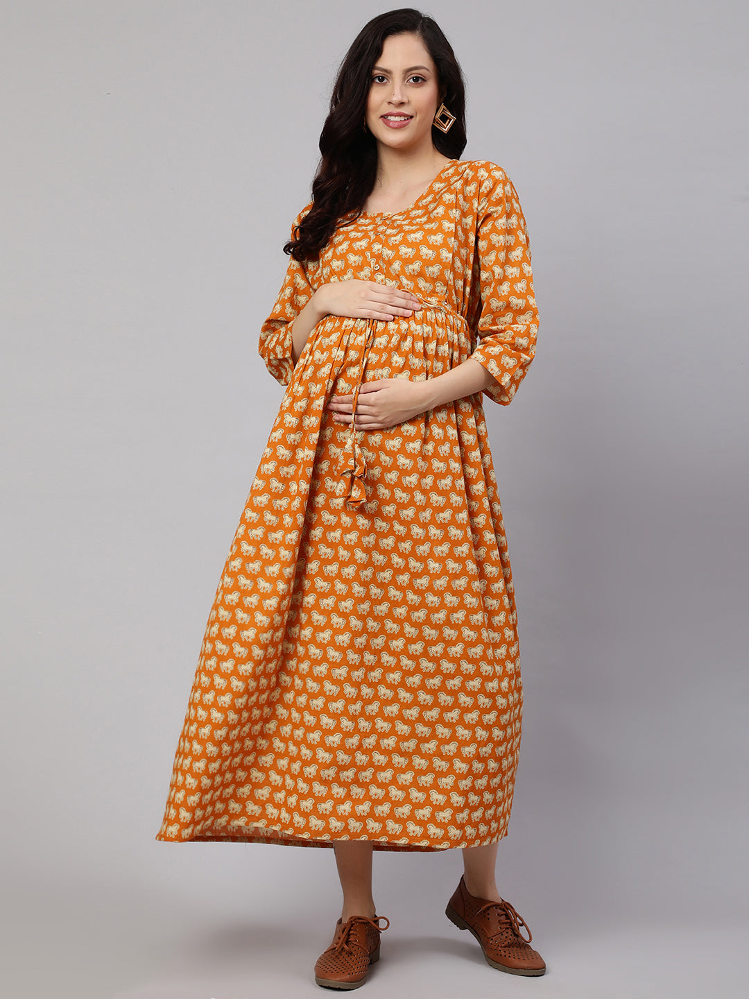 Women Yellow Ethnic Printed Flared Maternity Dress | LASVINI - Redefining Indian Fashion with Elegance