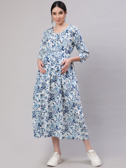 Women Off White & Blue Floral Printed Maternity Dress With Three Quarter Sleeves | LASVINI - Redefining Indian Fashion with Elegance