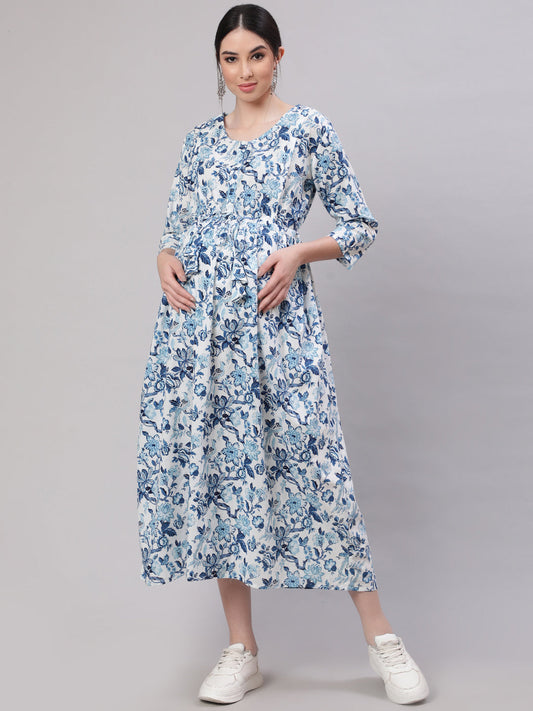 Women Off White & Blue Floral Printed Maternity Dress With Three Quarter Sleeves | LASVINI - Redefining Indian Fashion with Elegance