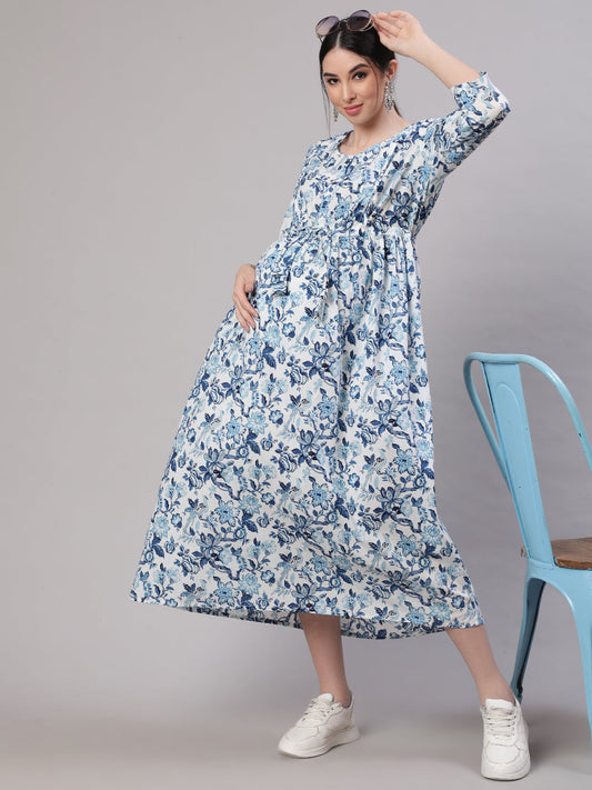 Women Off White & Blue Floral Printed Maternity Dress With Three Quarter Sleeves | LASVINI - Redefining Indian Fashion with Elegance