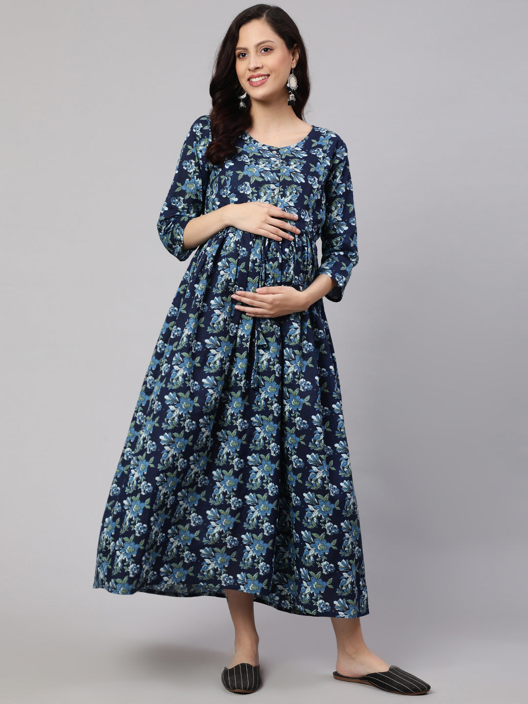 Women Blue Printed Flared Maternity Dress | LASVINI - Redefining Indian Fashion with Elegance