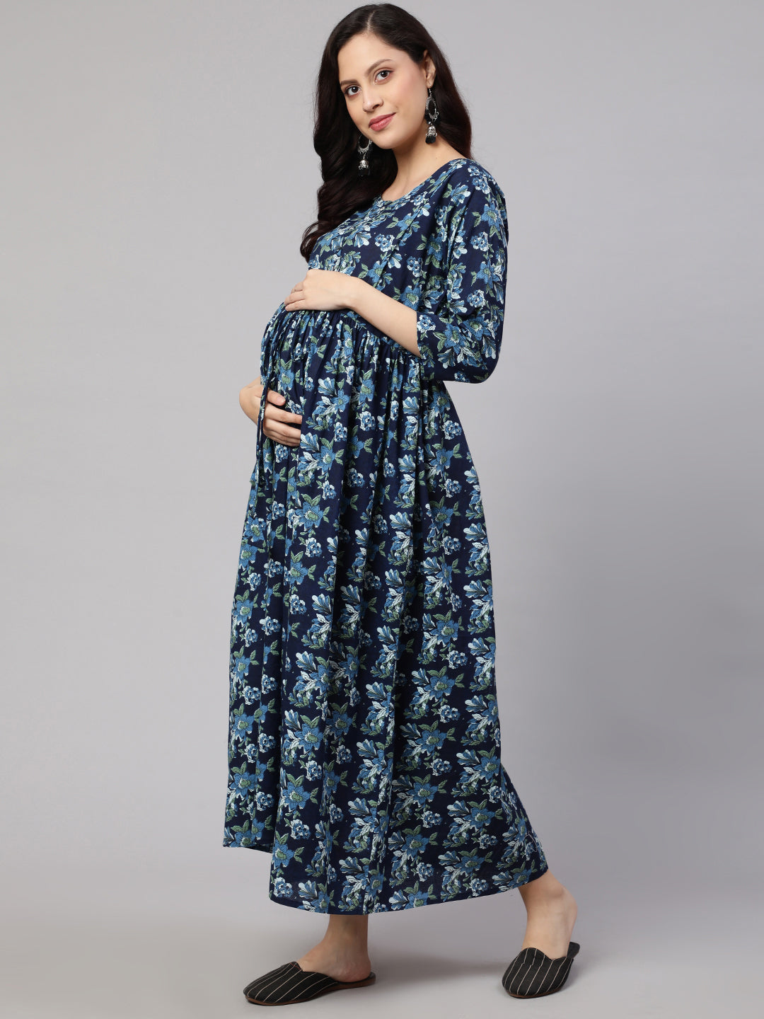 Women Blue Printed Flared Maternity Dress | LASVINI - Redefining Indian Fashion with Elegance