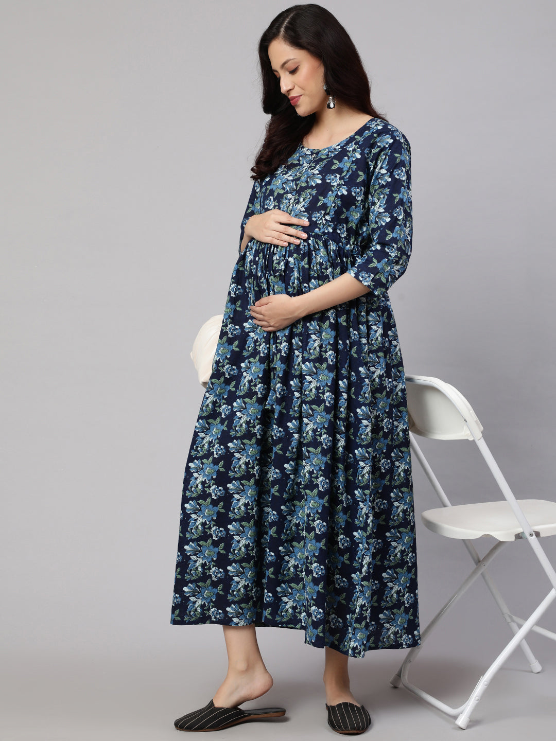 Women Blue Printed Flared Maternity Dress | LASVINI - Redefining Indian Fashion with Elegance