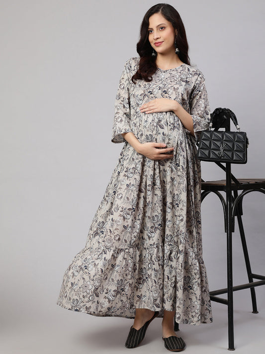 Women Grey Printed Flared Maternity Dress | LASVINI - Redefining Indian Fashion with Elegance