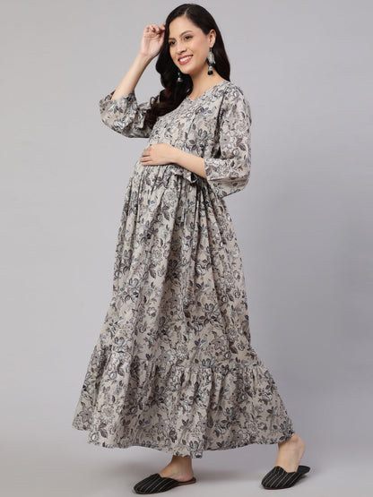 Women Grey Printed Flared Maternity Dress | LASVINI - Redefining Indian Fashion with Elegance