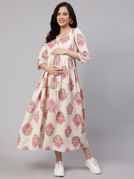 Women Off White & Blue Floral Printed Maternity Dress With Three Quarter Sleeves | LASVINI - Redefining Indian Fashion with Elegance