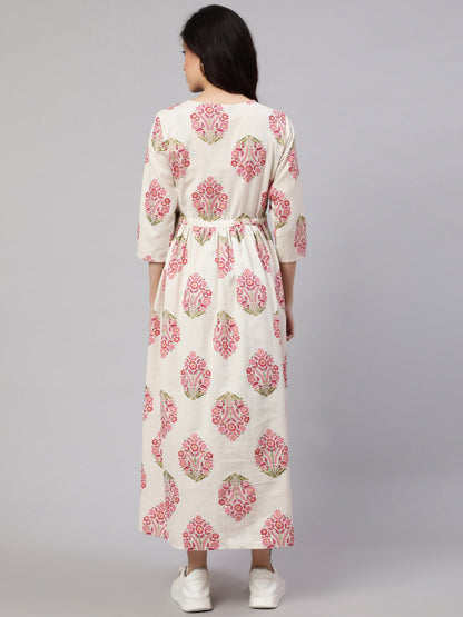 Women Off White & Blue Floral Printed Maternity Dress With Three Quarter Sleeves | LASVINI - Redefining Indian Fashion with Elegance