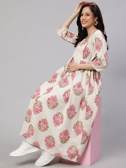 Women Off White & Blue Floral Printed Maternity Dress With Three Quarter Sleeves | LASVINI - Redefining Indian Fashion with Elegance