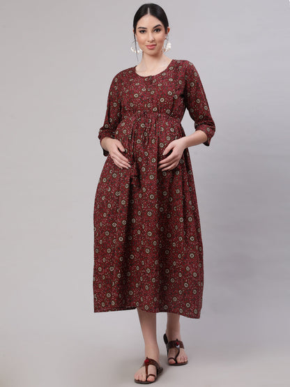 Women Maroon Printed Flared Maternity Dress | LASVINI - Redefining Indian Fashion with Elegance