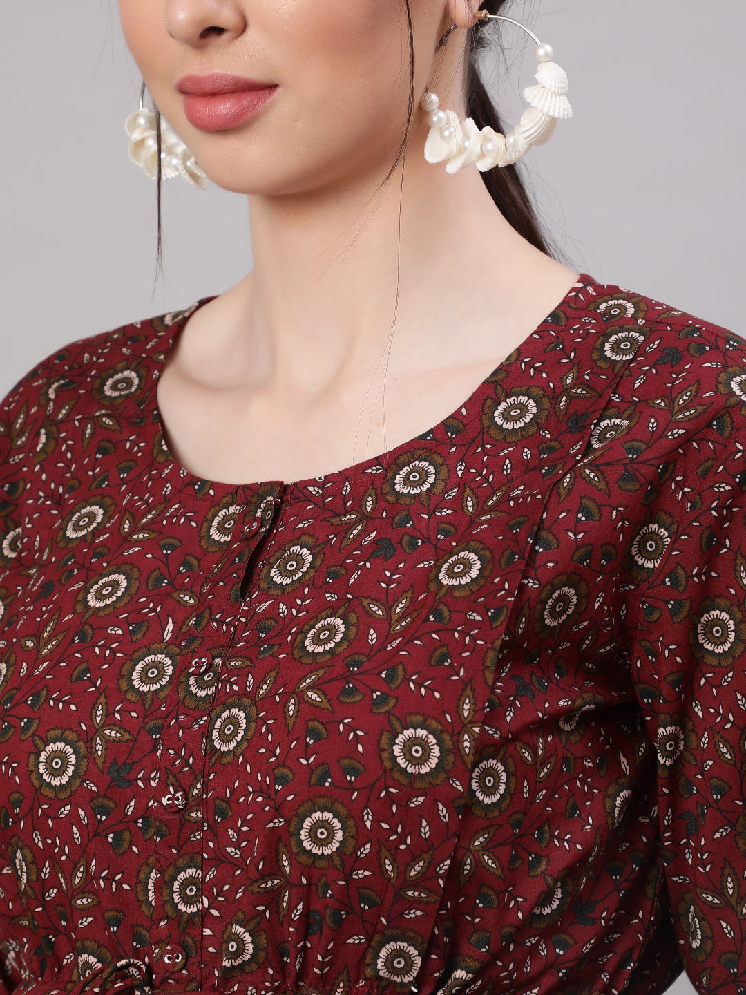 Women Maroon Printed Flared Maternity Dress | LASVINI - Redefining Indian Fashion with Elegance