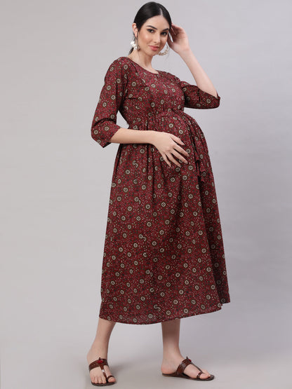 Women Maroon Printed Flared Maternity Dress | LASVINI - Redefining Indian Fashion with Elegance