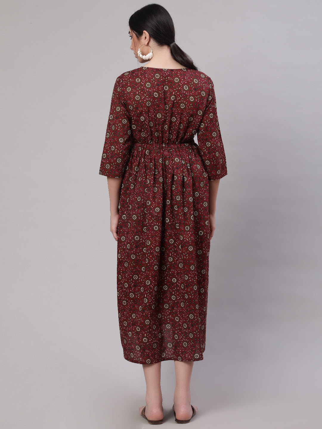 Women Maroon Printed Flared Maternity Dress | LASVINI - Redefining Indian Fashion with Elegance