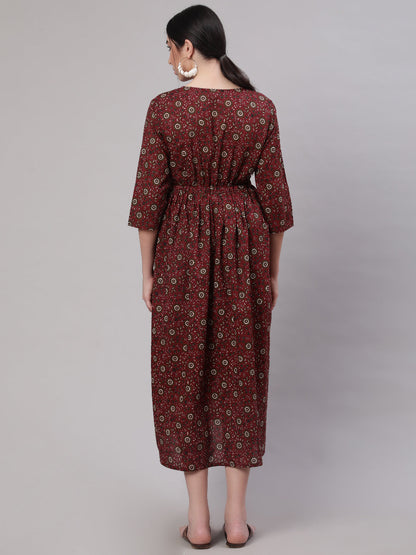 Women Maroon Printed Flared Maternity Dress | LASVINI - Redefining Indian Fashion with Elegance