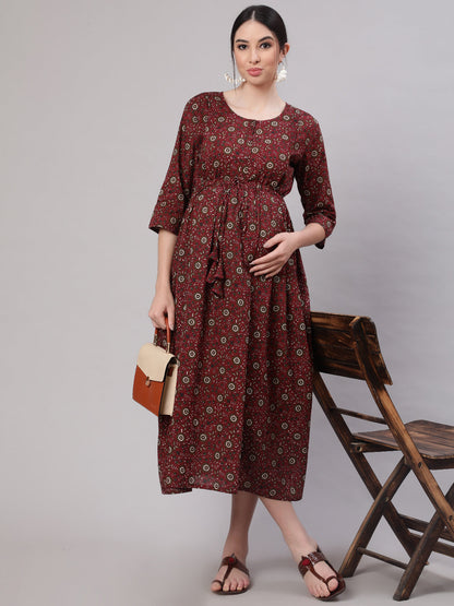Women Maroon Printed Flared Maternity Dress | LASVINI - Redefining Indian Fashion with Elegance