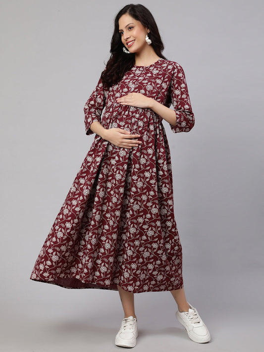 Women Burgundy Printed Flared Maternity Dress | LASVINI - Redefining Indian Fashion with Elegance