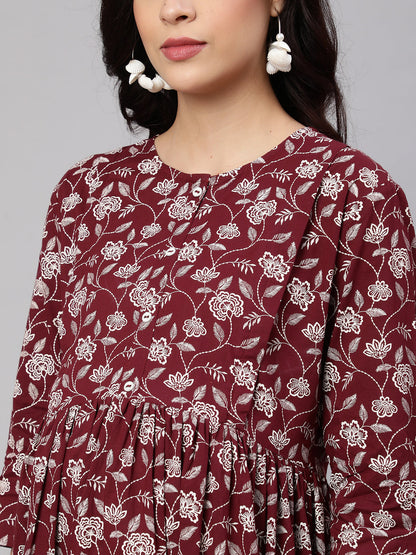 Women Burgundy Printed Flared Maternity Dress | LASVINI - Redefining Indian Fashion with Elegance