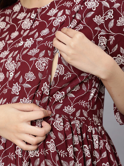 Women Burgundy Printed Flared Maternity Dress | LASVINI - Redefining Indian Fashion with Elegance