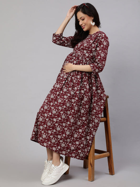 Women Burgundy Printed Flared Maternity Dress | LASVINI - Redefining Indian Fashion with Elegance