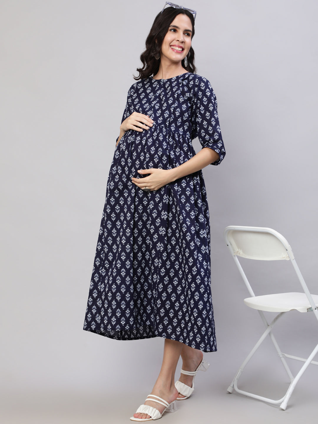 Women Navy Blue Printed Flared Maternity Dress | LASVINI - Redefining Indian Fashion with Elegance