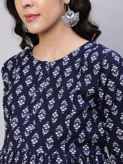 Women Navy Blue Printed Flared Maternity Dress | LASVINI - Redefining Indian Fashion with Elegance