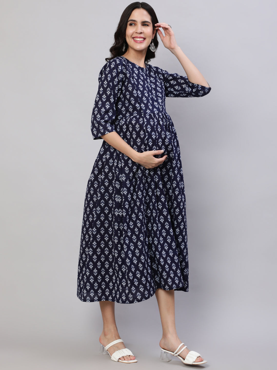 Women Navy Blue Printed Flared Maternity Dress | LASVINI - Redefining Indian Fashion with Elegance
