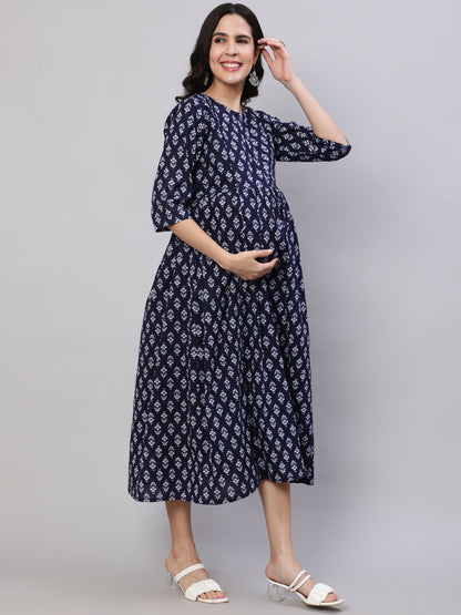 Women Navy Blue Printed Flared Maternity Dress | LASVINI - Redefining Indian Fashion with Elegance
