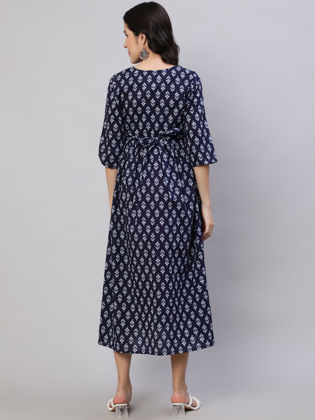 Women Navy Blue Printed Flared Maternity Dress | LASVINI - Redefining Indian Fashion with Elegance