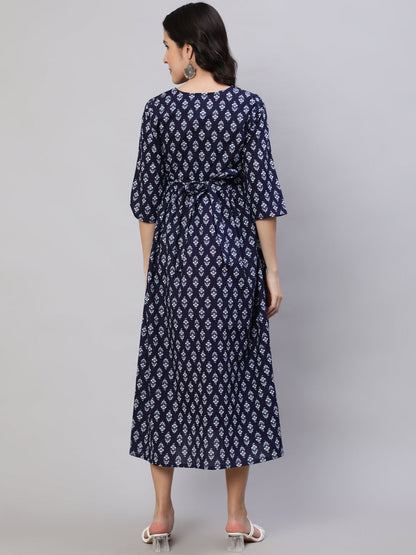 Women Navy Blue Printed Flared Maternity Dress | LASVINI - Redefining Indian Fashion with Elegance