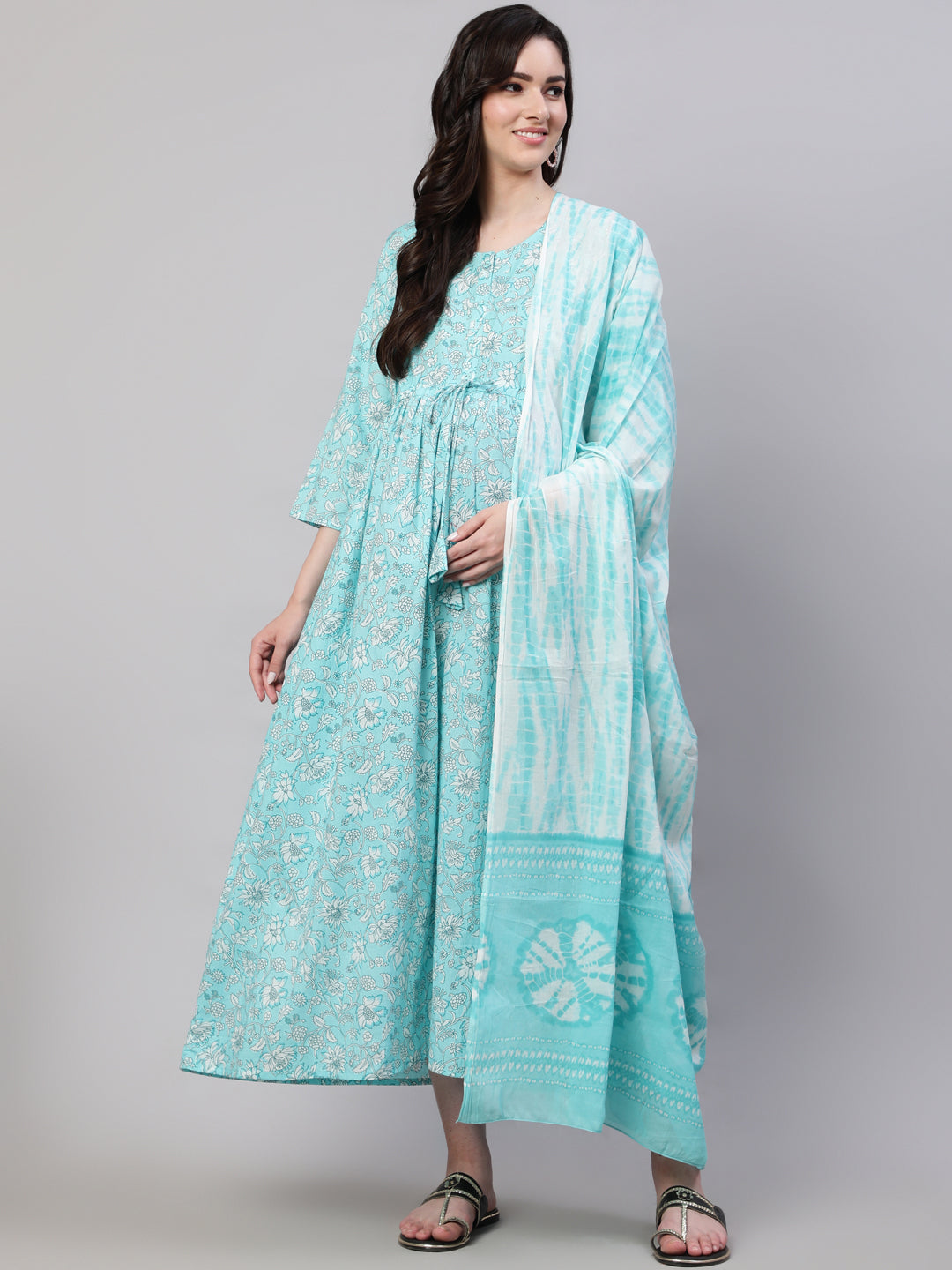 Women Blue Floral Printed Flared Maternity Dress With Dupatta | LASVINI - Redefining Indian Fashion with Elegance