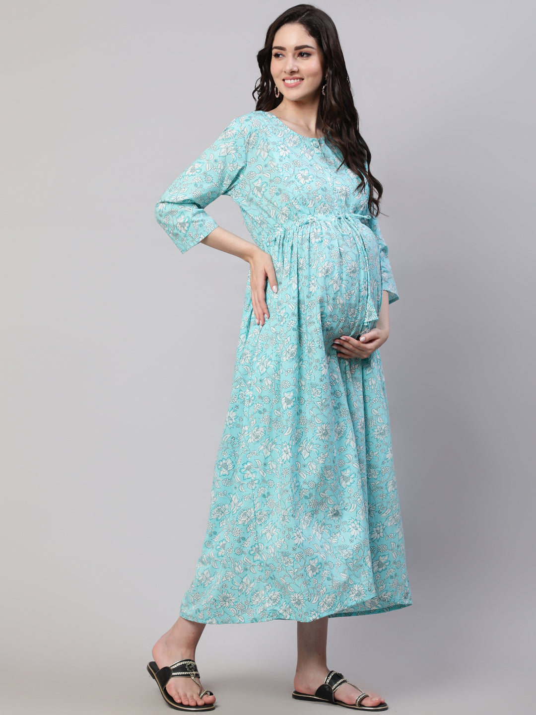 Women Blue Floral Printed Flared Maternity Dress With Dupatta | LASVINI - Redefining Indian Fashion with Elegance