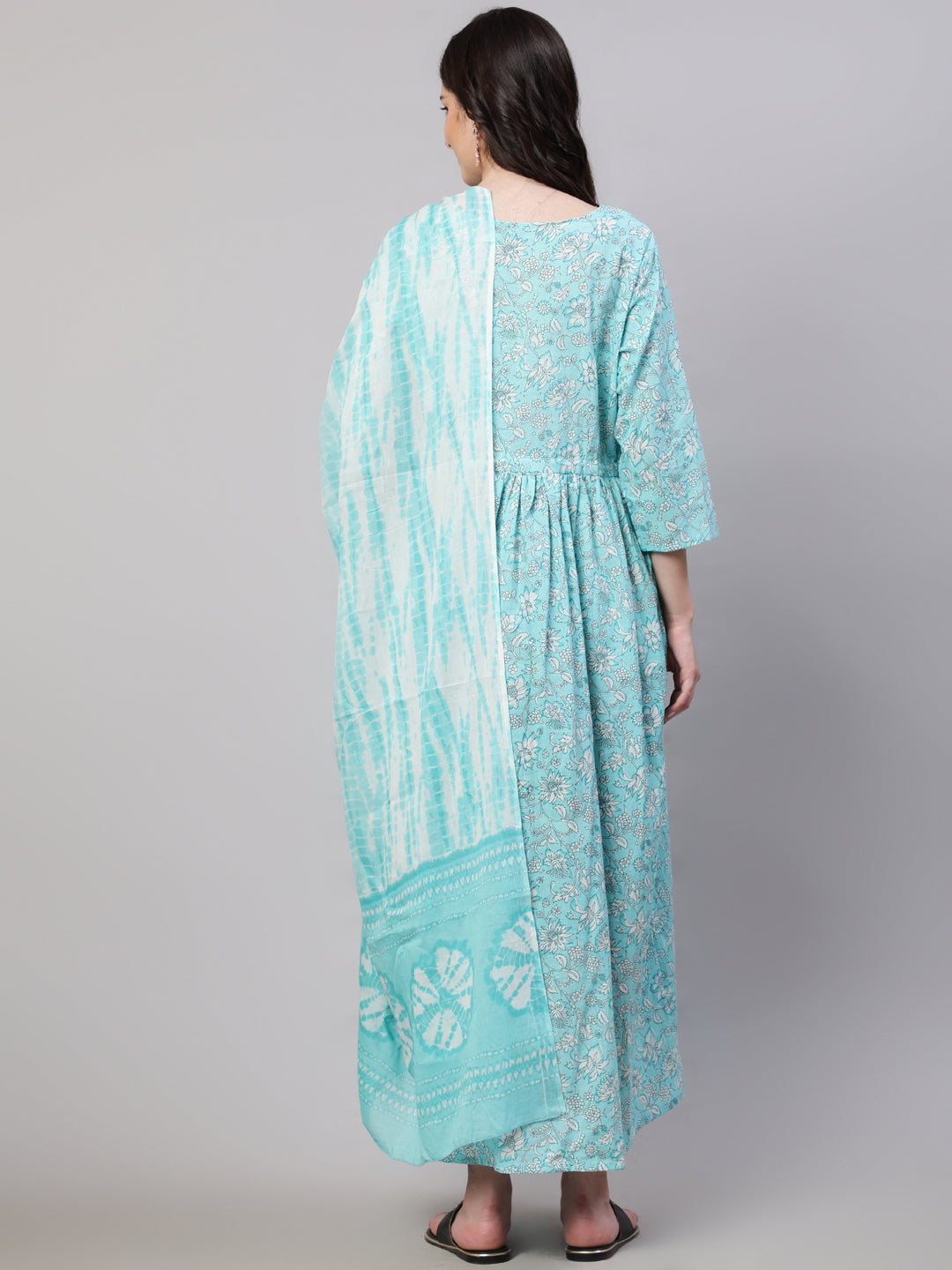 Women Blue Floral Printed Flared Maternity Dress With Dupatta | LASVINI - Redefining Indian Fashion with Elegance