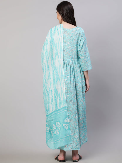Women Blue Floral Printed Flared Maternity Dress With Dupatta | LASVINI - Redefining Indian Fashion with Elegance