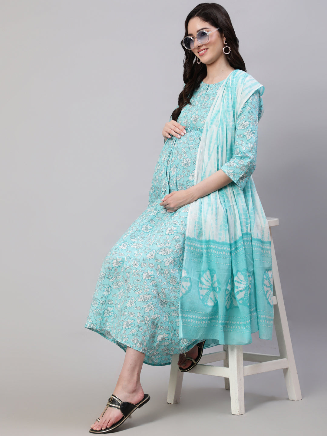 Women Blue Floral Printed Flared Maternity Dress With Dupatta | LASVINI - Redefining Indian Fashion with Elegance