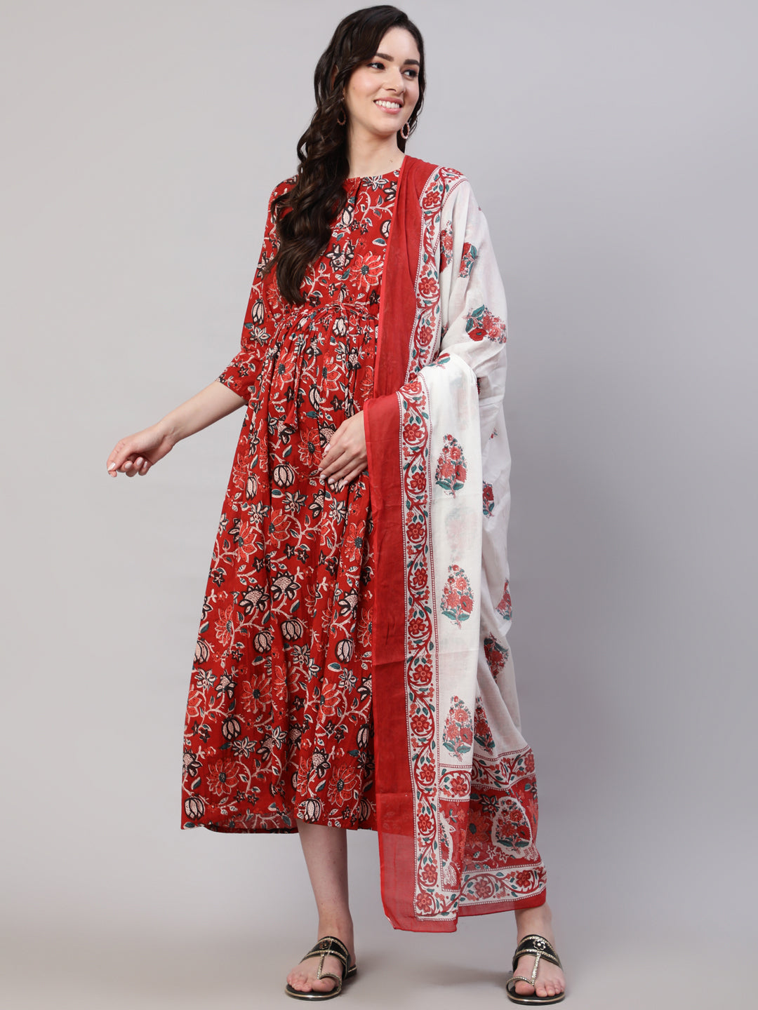 Women Maroon Printed Flared Maternity Dress With Dupatta | LASVINI - Redefining Indian Fashion with Elegance
