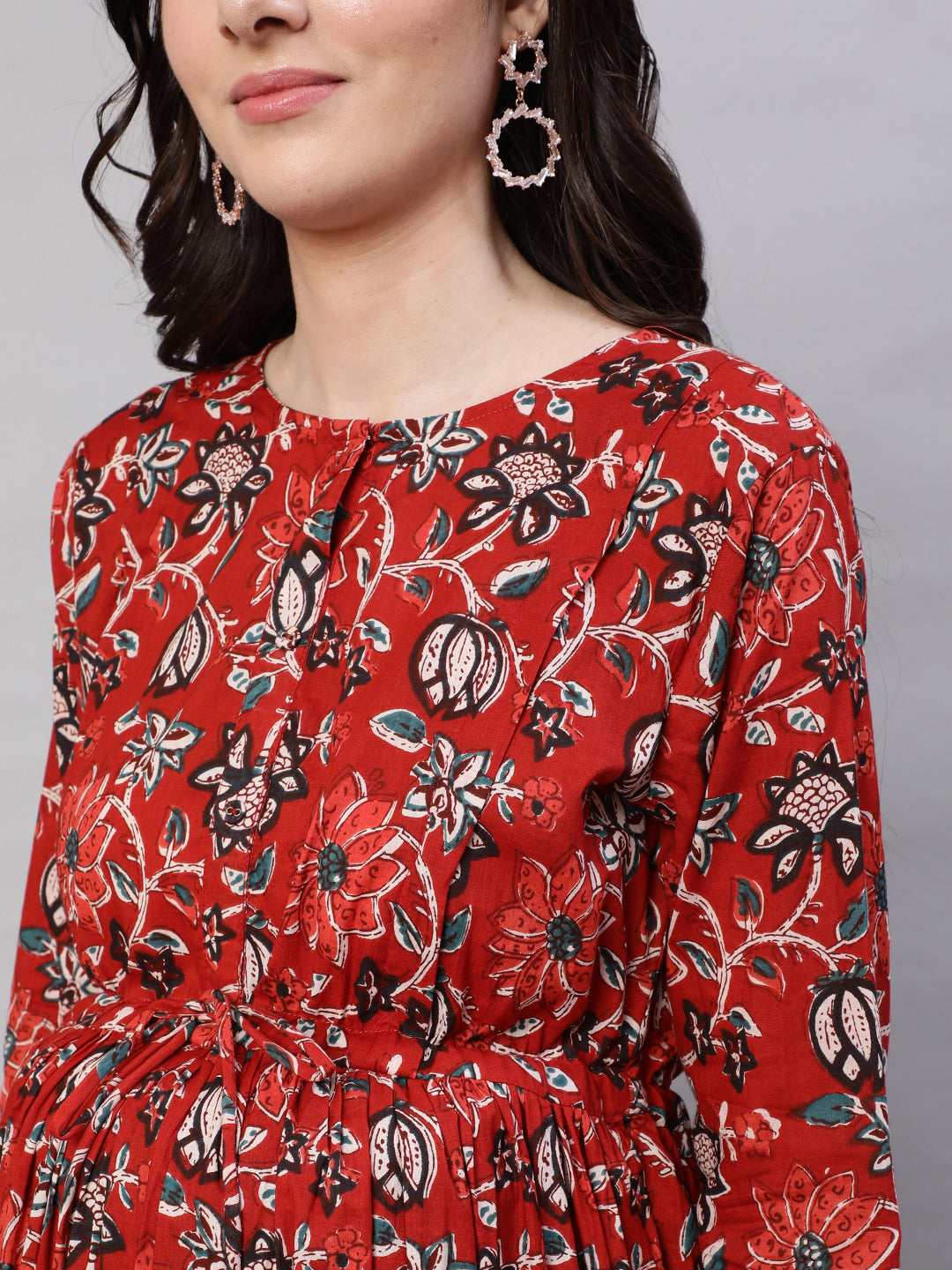 Women Maroon Printed Flared Maternity Dress With Dupatta | LASVINI - Redefining Indian Fashion with Elegance