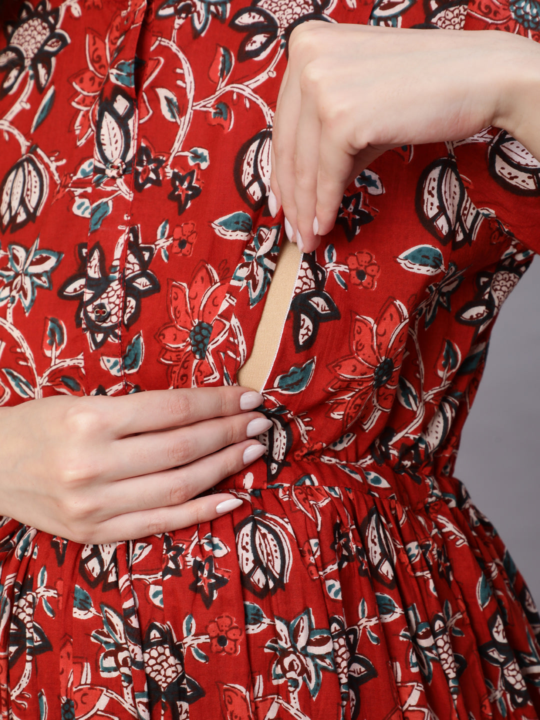 Women Maroon Printed Flared Maternity Dress With Dupatta | LASVINI - Redefining Indian Fashion with Elegance