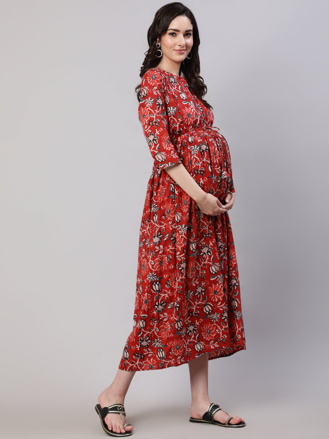Women Maroon Printed Flared Maternity Dress With Dupatta | LASVINI - Redefining Indian Fashion with Elegance