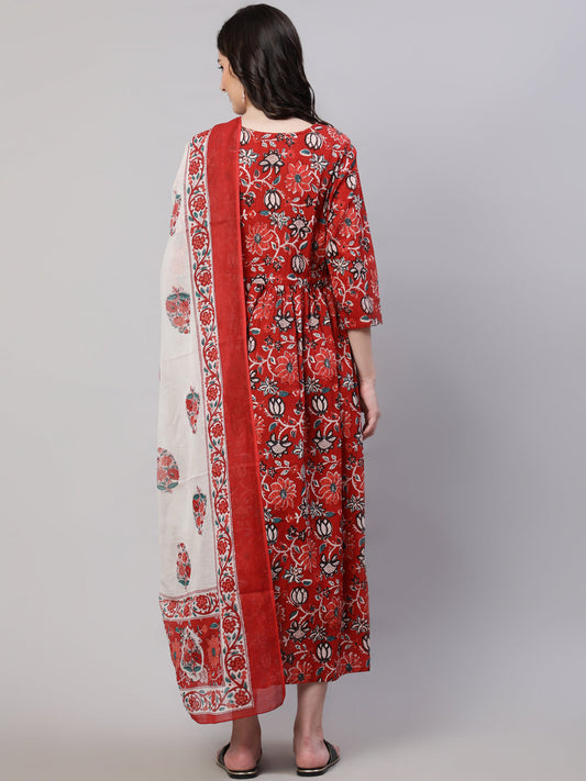 Women Maroon Printed Flared Maternity Dress With Dupatta | LASVINI - Redefining Indian Fashion with Elegance