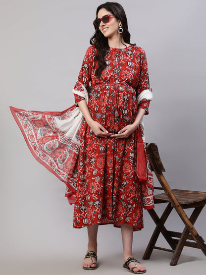 Women Maroon Printed Flared Maternity Dress With Dupatta | LASVINI - Redefining Indian Fashion with Elegance
